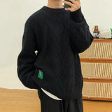 Wiaofellas  -  Winter Autumn Thick Pasted Cloth Pattern O-Neck Sweater Men's Loose Casual Blue Kinttwear Tops Korean Chic Clothing 2A0524