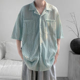 WIAOFELLAS  -  Korean Style Men's Shirts Lapel Hollow Out Knitting Single Breasted Tops Short Sleeved Pocket Loose Male Tops Trend