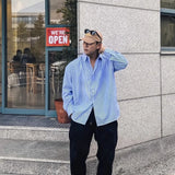 Wiaofellas  -  Men's Blue Vertical Striped Long-Sleeved Shirt, Korean Style High Quality Casual  Shirt Coat， Travel ，Hiking