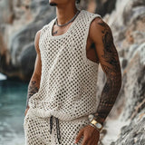 Wiaofellas  -  Beach Style Hollow Out Breathable Knitted Set Men Summer Sleeveless O Neck Tank Tops & Shorts Outfit Spring Solid Two Piece Suit