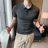WIAOFELLAS  -    Summer New Men Short Sleeve Solid Polos Knitted T-Shirt Male British Style Slim Fit Business Formal Shirts L33