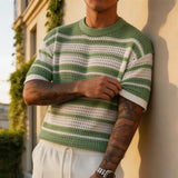 Wiaofellas  -  Summer Casual Knit T Shirt Mens Fashionable Striped Loose Crew Collar Pullover Vintage Short Sleeve Hollow Out Knitted T-shirts