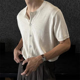WIAOFELLAS  -  Men's Solid Color Knitted Cardigan Short-Sleeved Shirt American Retro Fashion Trend Street Loose Breathable Niche Men's Tops