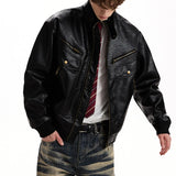 WIAOFELLAS  -  Vintage Texture PU Leather Jacket Men Spring Streetwear Fashion Mens Cropped Jacket Coat Stylish Stand Collar Leather Coats