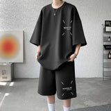 WIAOFELLAS  -  Fashion Men's Suit Solid Color Letter Print O-neck T-shirt Trendy Drawstring High-waisted Shorts Set Male Summer