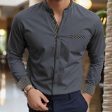 Wiaofellas  -  Men's Mandarin Collar Long Sleeve Shirt Slim Fit Casual Business Shirt With Striped Cuffs and Pocket Detail