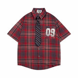 WIAOFELLAS  -  Men'S Loose Plaid Short Sleeved Shirts Casual Linen Button Down Oversized Shirt Harajuku Luxury Comfort Brand Male Shirts