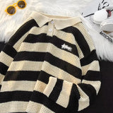 WIAOFELLAS  -  Retro POLO Lapel Striped Sweater Men's College Contrasting Color Loose and Versatile