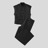 WIAOFELLAS  -  Men Striped Sets Stand Collar Sleeveless Vests & Pants Two Pieces Sets Streetwear Loose Fashion Men's Casual Suits S-5XL