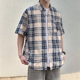 WIAOFELLAS  -  Vintage Short Sleeve Ripped Men's Plaid Shirt Summer Trendy Striped Printed Oversized Men Shirts Jacket Large Size Streetwear
