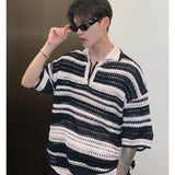 WIAOFELLAS  -  New Summer Youthful Vitality Hip-hop Fashion Niche Lapel Hollowed Out Color Block Stripes Loose Casual Dopamine T Shirt Men
