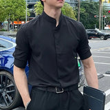 WIAOFELLAS  -  Summer New Stand Collar Fashion Half Sleeve Shirt Man High Street Casual Slim Button Cardigan Solid Color Office All-match Tops