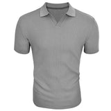 Wiaofellas  -  Men's Ribbed V-Neck Polo Shirt Summer Breathe Slim Fit Short Sleeve T-Shirt Men Casual Business Fashion T-Shirt