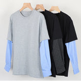 WIAOFELLAS  -  Japanese Korean Casual Sweatshirts Men Straight Base Shirt Splicing Striped Sleeves Fake Two-piece Solid Color Pullover T-shirt