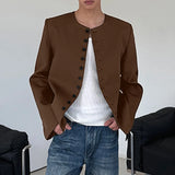 WIAOFELLAS  -  Men Blazer Solid Color O-neck Long Sleeve Button Casual Male Suit Streetwear 2026 Spring Fashion Leisure Thin Coats Men