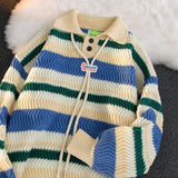 Wiaofellas  -  Casual Loose Knitted Rainbow Stripes Collar Sweater Spring Autumn Couple Style Comfortable Lazy Man's Pullover Fashionable