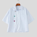 Wiaofellas  -  Men Striped Shirt Lapel Short Sleeve Loose Men Clothes Colorful Button Shirts Streetwear Summer Fashion Casual Tops
