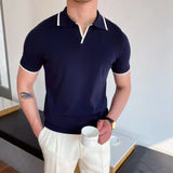 WIAOFELLAS  -  Spring Summer New Men's Knitted Polo Shirt Striped Casual Slim Tees Men Lapel Business Pullover Polo Short Sleeve Tops Clothing