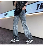 Wiaofellas  -  Men's Denim Flame Cross Jeans Loose Straight Leg Jeans