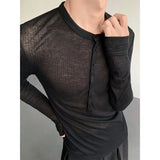 WIAOFELLAS  -  Black Long Sleeved T-shirt Men Slim Fit Fashion Black Casual T Shirt Men Streetwear Korean Loose Cardigan T-shirt Mens Top