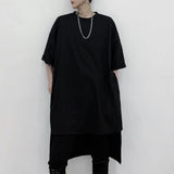 Wiaofellas  -  Mens Dark Plain Asymmetrical Mid Length T Shirt Streetwear Fashion Japanese Niche Youth Trendy Short Sleeve Top Men'S Clothing