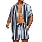 Wiaofellas  -  Summer Two Piece Mens Striped Printed Sets Short Sleeve Lapel Shirts And Shorts Suits Men Streetwear Casual Outfits Male Clothes