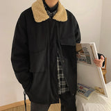 Wiaofellas  -  Lamb Fur Lined Thiened Cotton Jaet Men's Winter Casual Loose Fit Faionable Warm Workwear Sle Zipper Closure Pure Color