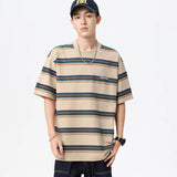 Wiaofellas  -  Summer new fashion men's retro striped short sleeve T-shirt Fashion loose bf style casual T-shirt