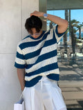 WIAOFELLAS  -  Summer Striped Short Sleeve O Neck Men Knitted T Shirts Solid Color Fashion Casual Oversized Clothing Top Daily Gym B109