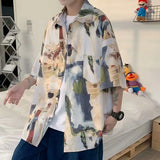 Wiaofellas  -  Retro Oil Painting Printed Short-sleeved Shirt Men's Trendy Street Loose Lazy Style Top