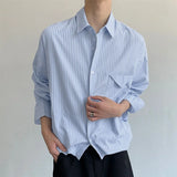Wiaofellas  -  Men Striped Shirt Lapel Long Sleeve Loose Casual Men Clothing Streetwear Korean Style Fashion Tops Male Shirts