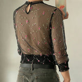 Wiaofellas  -  Men's T Shirt Mesh Flower Embroidery See Through Male Vests Streetwear Summer Sexy Long Sleeve O-neck Men Clothes