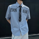 WIAOFELLAS  -  Niche Design Men's Shirts Tie Letter Printing Contrast Color Striped Short Sleeved Single Breasted Loose Male Tops