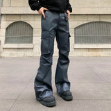 WIAOFELLAS  -  New trendy multi pocket loose straight blue leather pants