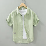 Wiaofellas  -  Summer New Men's Short Sleeve Shirt Small Stand Collar Retro Casual Loose Half Sleeve Shirt Trendy Polyester Fiber Iron Free