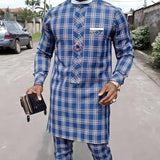 WIAOFELLAS  -  Four Seasons Hot Selling Men's 2 Piece Sets Afirican Syle Ethinic Casual Blue Plaid Clothes and Pants Button Muslim Men Clothing