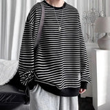Wiaofellas  -  Long Sleeved T-shirt Men's Hong Kong Style Trend Ins Loose T-shirt Striped Sweatshirt Base Shirt Men's Top Coat