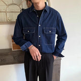 WIAOFELLAS  -  American Vintage Men's Denim Shirt Safari Style Double Pocket Lapel Long Sleeve Top Spring Autumn Fashion Streetwear Shirts Male