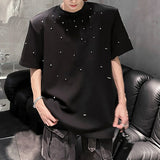 WIAOFELLAS  -  Shoulder Padded Men's Tees Handmade Pearl Design Simple Solid Color Tops Summer Short Sleeved Loose Male T-shirts