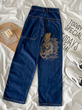 WIAOFELLAS  -  Jeans Men Women Designer Dragon Pattern Embroidered Trousers Versatile Trend Loose Wide Leg Pants Men Boyfriend Jeans