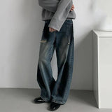 WIAOFELLAS  -  Spray Painted Deconstruction Jeans Men's Loose Straight Leg Washed Design Holes Contrats Color Male Denim Pants