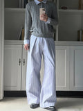 Wiaofellas  -  Autumn Blue White Striped Pleated Straight-Leg Pantalones Man High Street Fashion Baggy Trousers Casual Cleanfit Y2K Pants