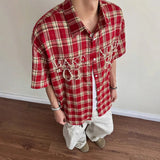 AWIAOFELLAS  -  merican Retro Studded Plaid Shirt Mens High Street Versatile Short Sleeved Loose Top Summer Fashion Streetwear Couple's Shirt
