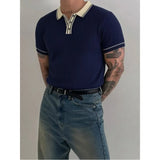 Wiaofellas  -  British Style Contrasting Knitted Polo Shirts for Men Slim Casual Business Social T-shirt Ice Silk Cool Elastic Lapel Tshirts