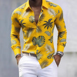 Wiaofellas  -  Men's Tropical Palm Print Long Sleeve Shirt Turn-Down Collar Slim Fit 4-Way Stretch Luxury Dress Shirt Casual Streetwear Tops