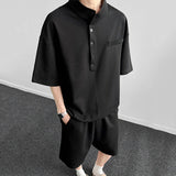 WIAOFELLAS  -  Korean Style Men's Two-piece Stand Collar Short Sleeved Button Design Solid Color T-shirts Drawstring Male Shorts