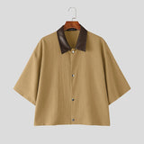 Wiaofellas  -  Men's Shirt Lapel Short Sleeve Patchwork Color-block Men Clothes Loose Streetwear Fashion Tops For Man Camisa S-5XL