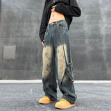WIAOFELLAS  -  Streetwear Vintage Patchwork Jeans Men Ribbon design Distress Loose Straight Denim Pants Spring Autumn Fashion Casual Trousers