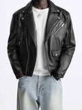 Wiaofellas  -  Fashionable New PU Leather Jacket Mens Vintage Solid Color Turn-down Collar Zipper Long Sleeve Coat Men Fall Winter Outerwear