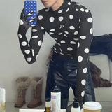 WIAOFELLAS  -  Men T Shirt Polka Dot Printing Turtleneck Gloves Long Sleeve Male Tee Tops Streetwear Pleated Fashion Casual Camisetas